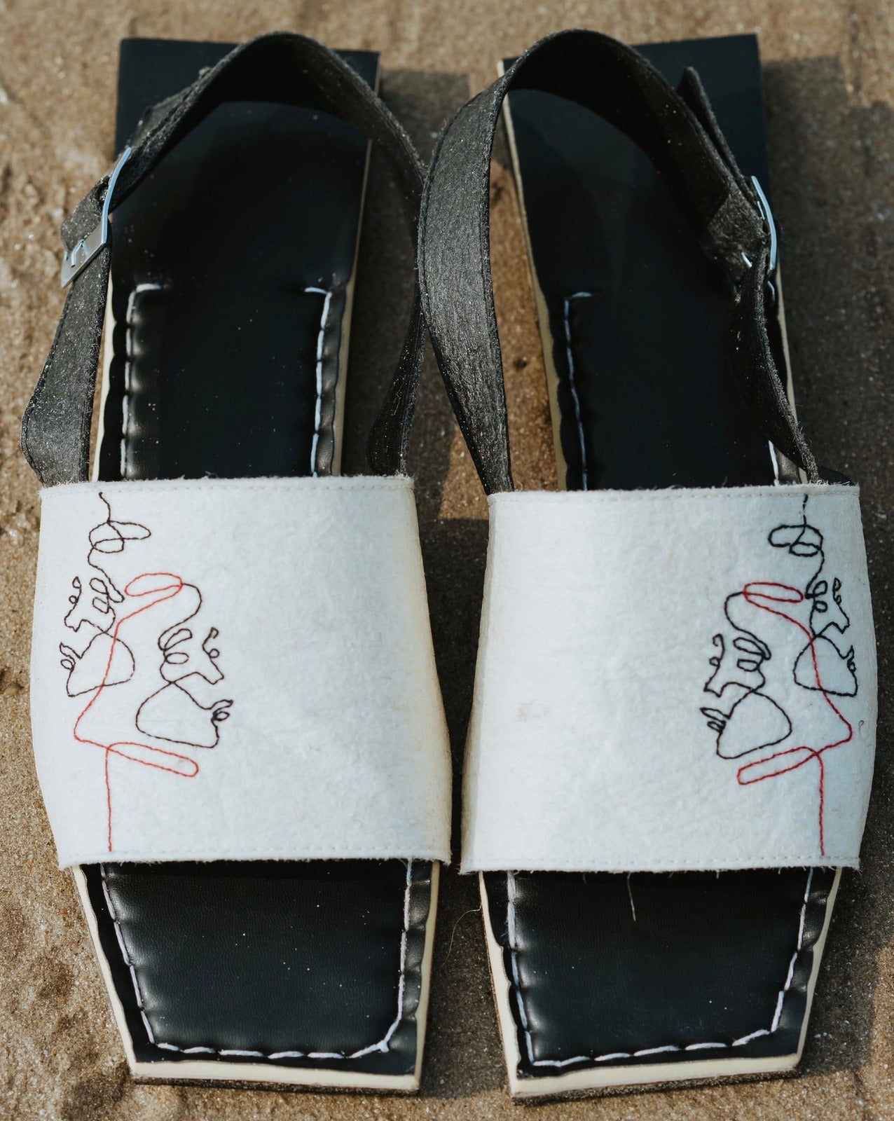 Flats-Yang Backstraps Casual Wear, Embroidered, Faux Leather, Flats, Pineapple Leaf Fibre, Recycled, Slip Ons, Square toe, Upcycled, Upcycled Rubber Tyres, Vegan, White Kamakhyaa