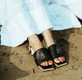 Flats-Yin Backstraps Black, Casual Wear, Embroidered, Faux Leather, Flats, Natural, Pineapple Leaf Fibre, Recycled, Square toe, Upcycled, Upcycled Rubber Tyres, Vegan Kamakhyaa