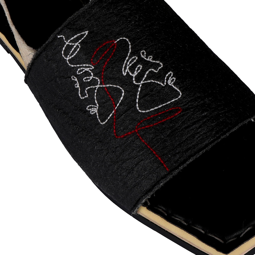 Flats-Yin Backstraps Black, Casual Wear, Embroidered, Faux Leather, Flats, Natural, Pineapple Leaf Fibre, Recycled, Square toe, Upcycled, Upcycled Rubber Tyres, Vegan Kamakhyaa