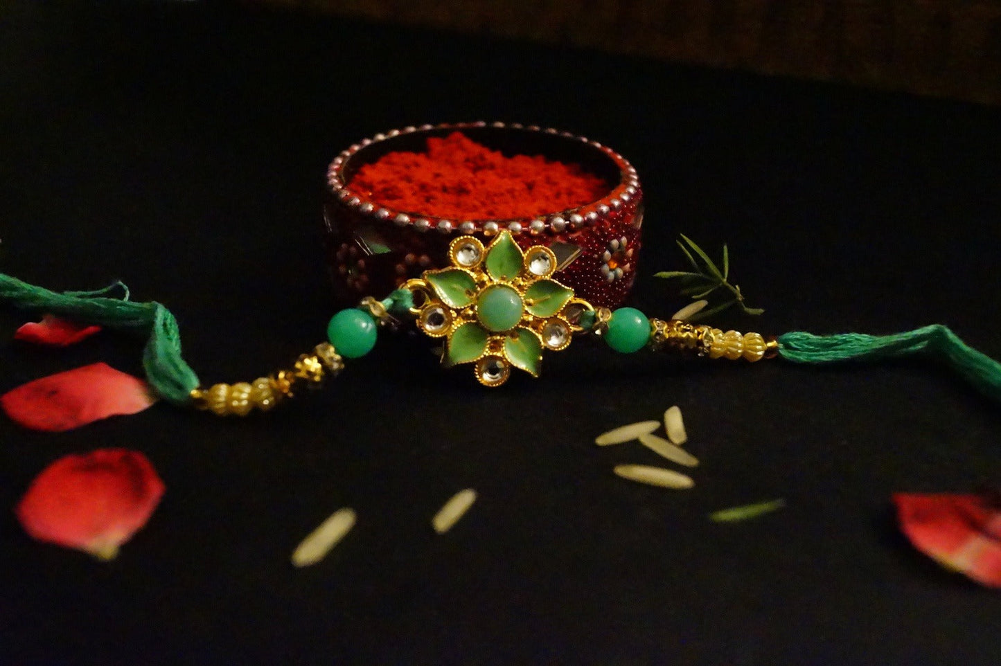 Floral Gold Brass at Kamakhyaa by Kamakhyaa. This item is Green, Grey, jewelry, Natural, Pink, Rakhi, Red, Under 1500, Under 1750, Upcycled, Yellow