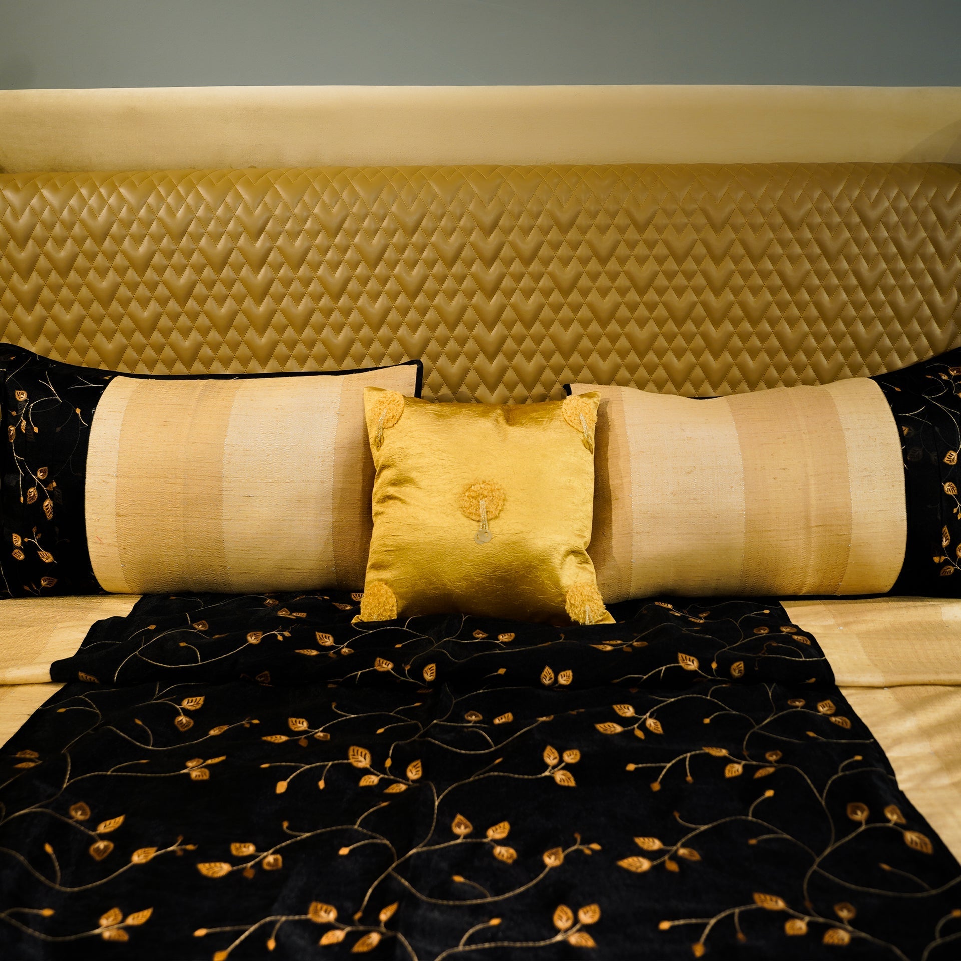 Floral Noir Elegance Bed Cover with Pillow Covers & Cushion/s at Kamakhyaa by Aetherea. This item is Bed Covers, Beige, Black, Cushion, Home, King, Sheer, Silk, Upcycled