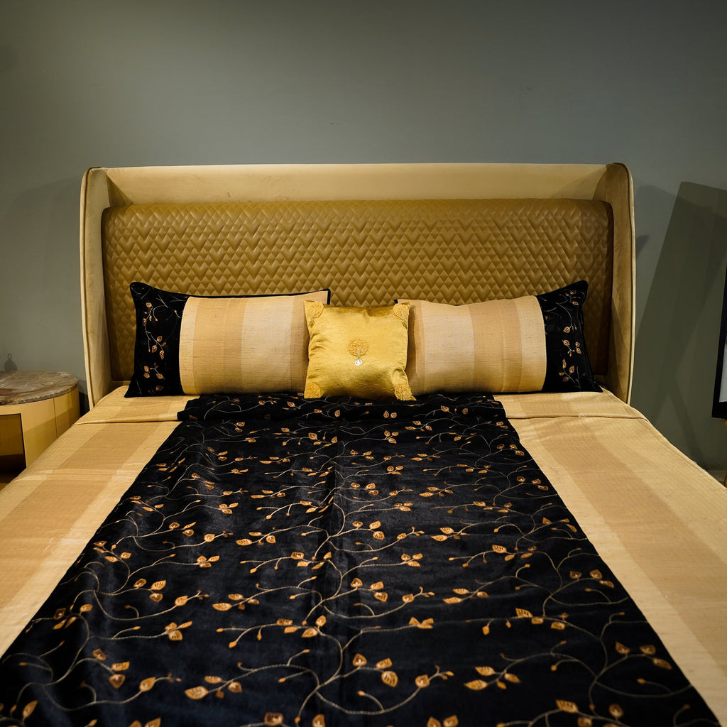 Floral Noir Elegance Bed Cover with Pillow Covers & Cushion/s at Kamakhyaa by Aetherea. This item is Bed Covers, Beige, Black, Cushion, Home, King, Sheer, Silk, Upcycled