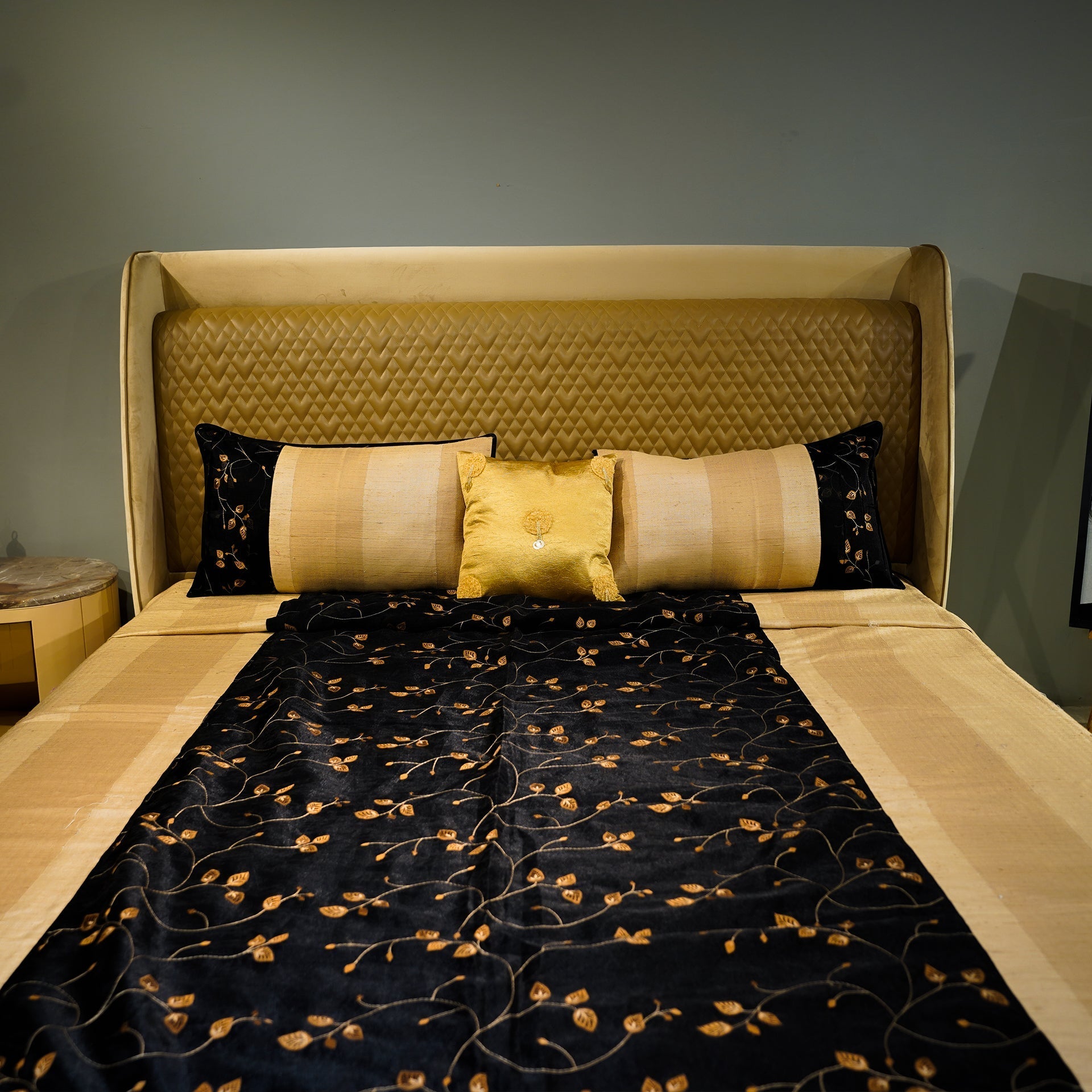 Floral Noir Elegance Bed Cover with Pillow Covers & Cushion/s at Kamakhyaa by Aetherea. This item is Bed Covers, Beige, Black, Cushion, Home, King, Sheer, Silk, Upcycled