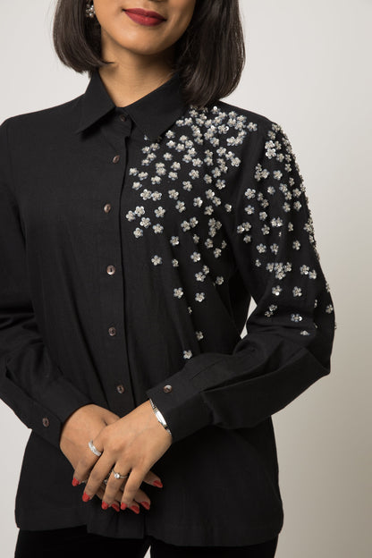 Floral Sparkle Shirt at Kamakhyaa by Anushé Pirani. This item is 100% pure cotton, Black, Embellished, Handwoven cotton, Party Wear, Shirts, The Festive Edit, Womenswear