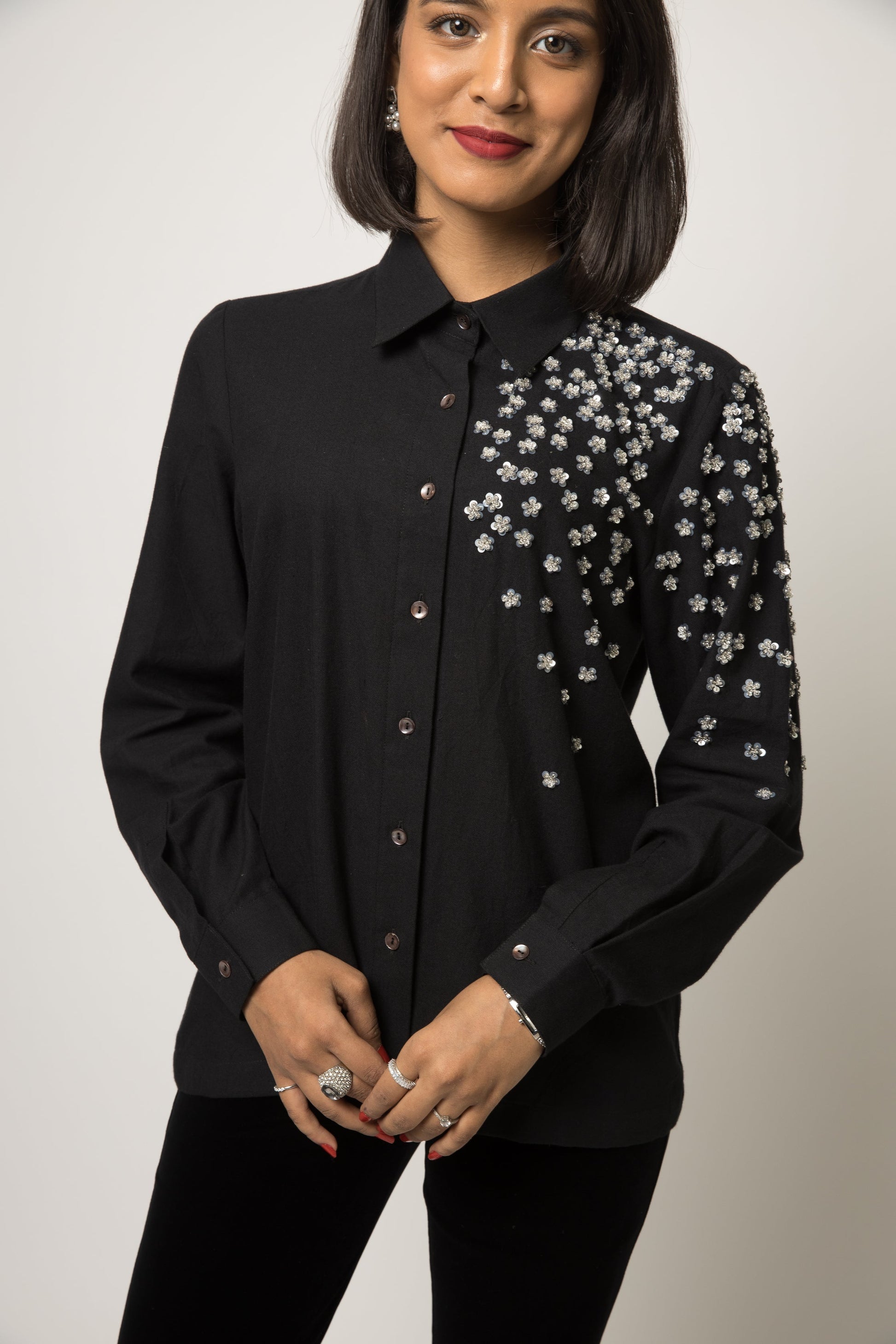 Floral Sparkle Shirt at Kamakhyaa by Anushé Pirani. This item is 100% pure cotton, Black, Embellished, Handwoven cotton, Party Wear, Shirts, The Festive Edit, Womenswear