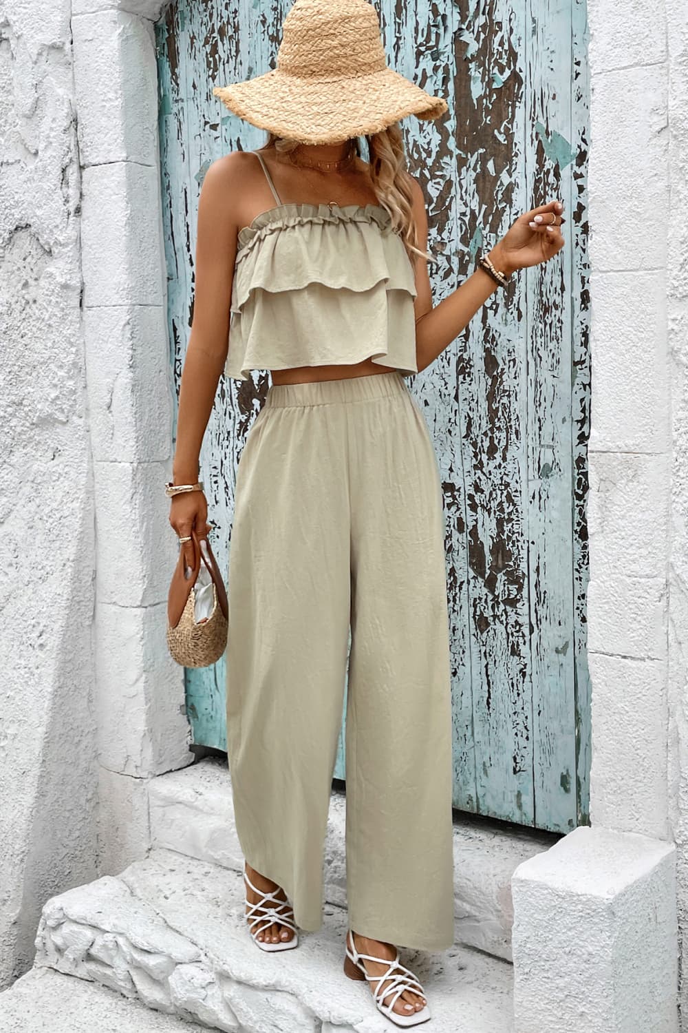 Frill Trim Cami and Wide Leg Pants Set at Kamakhyaa by Trendsi. This item is 100% cotton, Casual Wear, Co-ord Sets, Grey, Natural, Relaxed Fit, Shipping Delay 09/29/2023 - 10/04/2023, Solids, Trendsi, Vacation, Vacation Co-ords, Womenswear