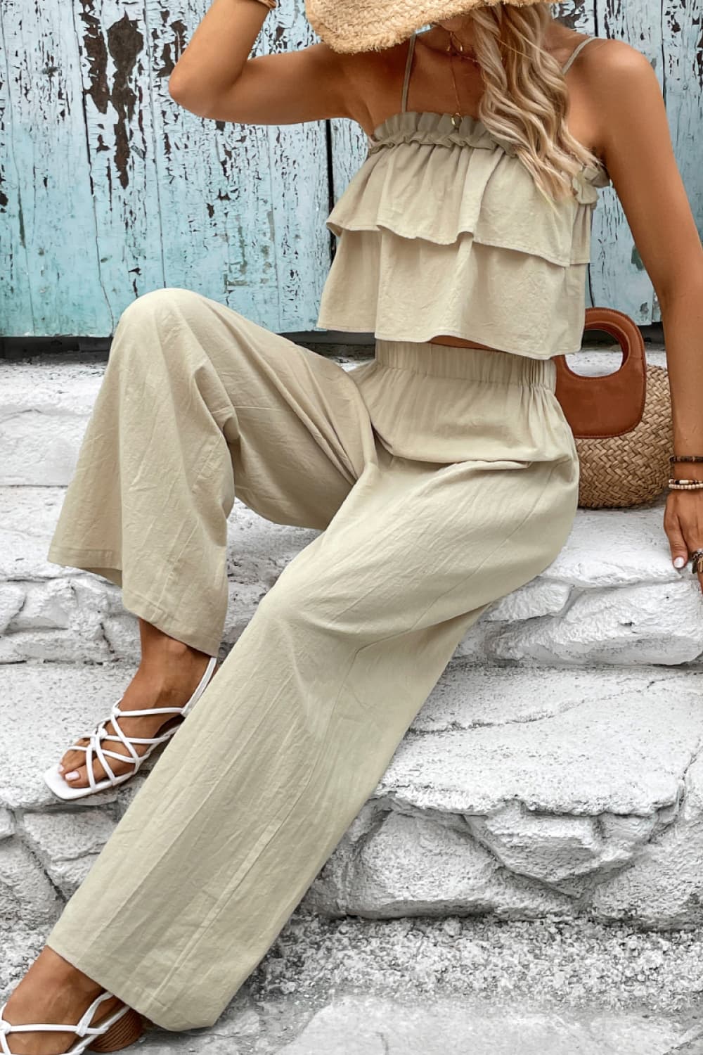 Frill Trim Cami and Wide Leg Pants Set at Kamakhyaa by Trendsi. This item is 100% cotton, Casual Wear, Co-ord Sets, Grey, Natural, Relaxed Fit, Shipping Delay 09/29/2023 - 10/04/2023, Solids, Trendsi, Vacation, Vacation Co-ords, Womenswear