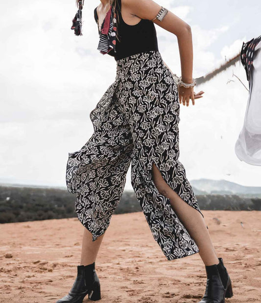 Front Slit Pants at Kamakhyaa by Keva. This item is Black, Block Prints, Cotton, Natural, Pants, Relaxed Fit, Resort Wear, Wild Child, Womenswear