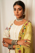 Georgette Duppata With Embroidered Border at Kamakhyaa by Keva. This item is Accessories, Best Selling, Cotton, Cotton Lurex, Dupattas, Embroidered, Georgette, Green, Indian Wear, Natural, Prints, Relaxed Fit, Resort Wear, Tatriz, Womenswear