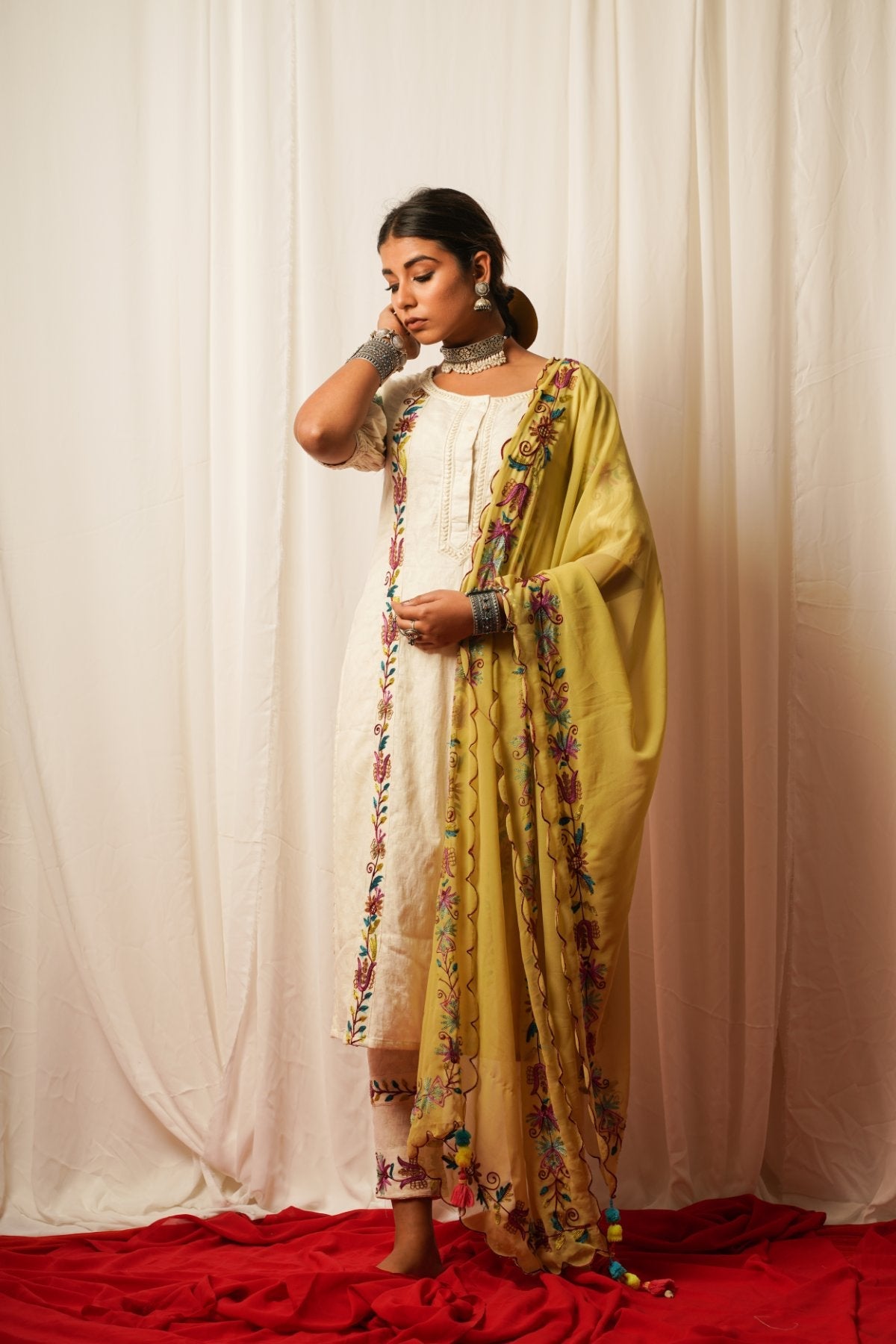 Georgette Duppata With Embroidered Border at Kamakhyaa by Keva. This item is Accessories, Best Selling, Cotton, Cotton Lurex, Dupattas, Embroidered, Georgette, Green, Indian Wear, Natural, Prints, Relaxed Fit, Resort Wear, Tatriz, Womenswear