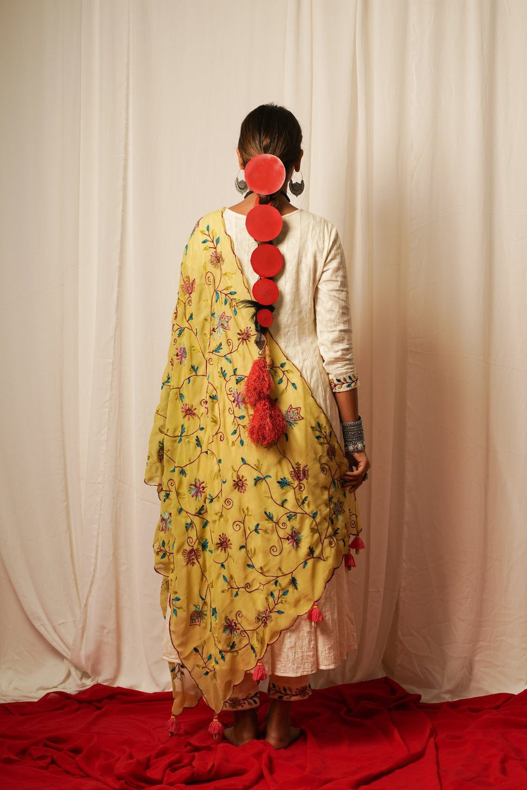 Georgette Duppata With Full Embroidery at Kamakhyaa by Keva. This item is Accessories, Best Selling, Cotton Lurex, Dupattas, Embroidered, Georgette, Green, Indian Wear, Natural, Relaxed Fit, Resort Wear, Tatriz, Womenswear