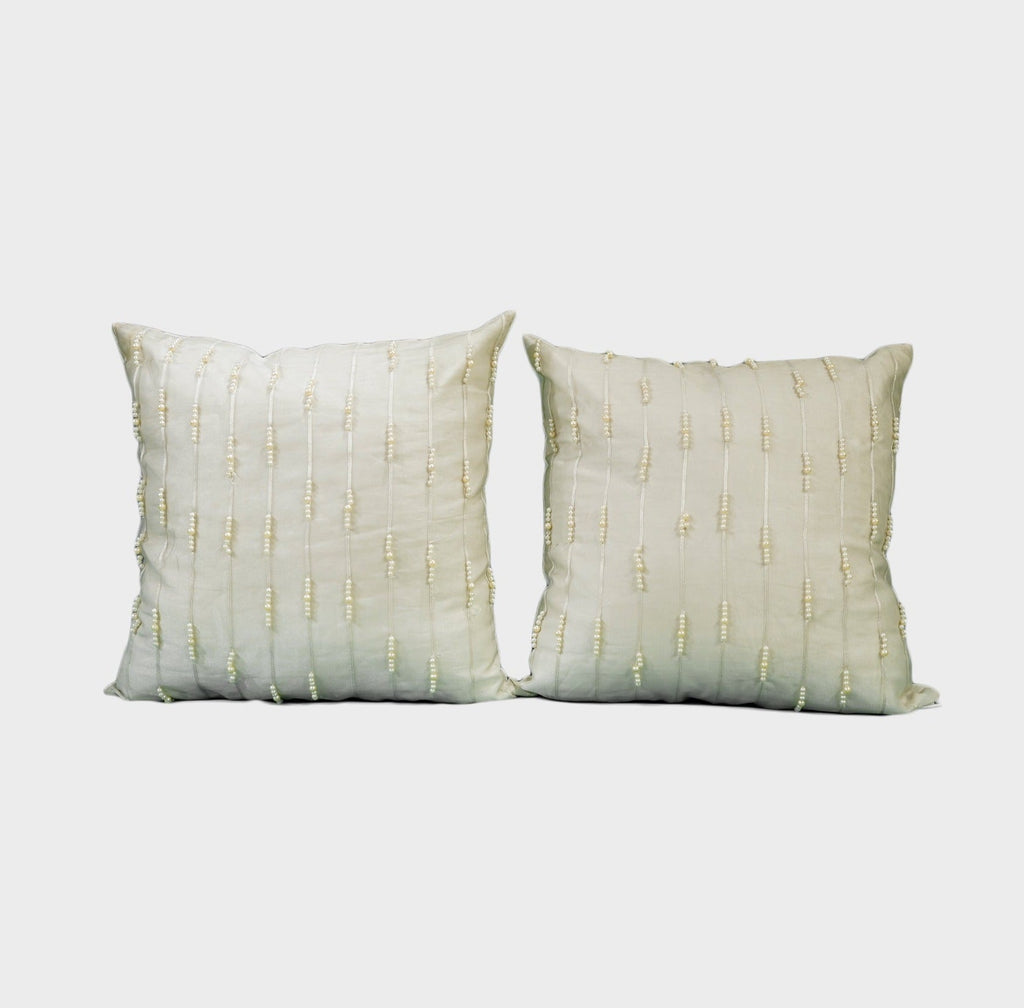 Gleam Cushion Cover Sets at Kamakhyaa by Aetherea. This item is 100% Cotton, Cushion covers, Hand Embroidered, Home, ivory, Pearl, Sheer, Upcycled