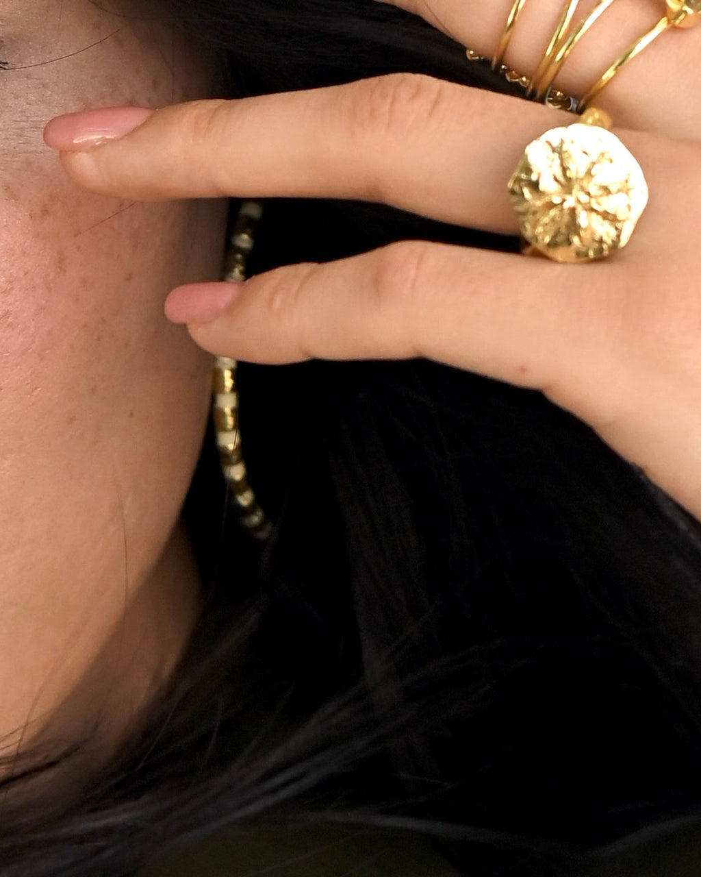 Gold Brass Cinnamon Statement Ring at Kamakhyaa by The Loom Art. This item is Brass, Cosmic Dream TLA, Fashion Jewellery, Free Size, Gold, Gold Plated, jewelry, Less than $50, Natural, Rings, Textured