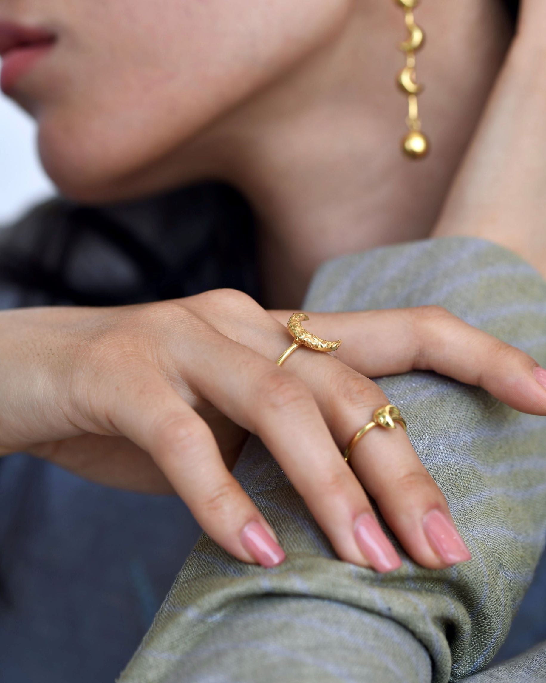 Gold Brass Crescent Moon Ring at Kamakhyaa by The Loom Art. This item is Brass, Cosmic Dream TLA, Fashion Jewellery, Free Size, Gold, Gold Plated, jewelry, Less than $50, Natural, Products less than $25, Rings, Textured