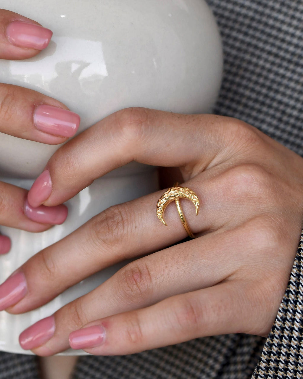 Gold Brass Crescent Moon Ring at Kamakhyaa by The Loom Art. This item is Brass, Cosmic Dream TLA, Fashion Jewellery, Free Size, Gold, Gold Plated, jewelry, Less than $50, Natural, Products less than $25, Rings, Textured