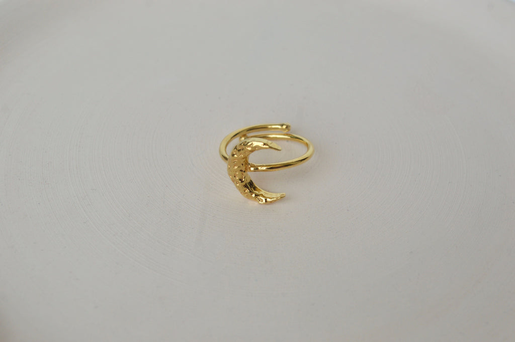 Gold Brass Crescent Moon Ring at Kamakhyaa by The Loom Art. This item is Brass, Cosmic Dream TLA, Fashion Jewellery, Free Size, Gold, Gold Plated, jewelry, Less than $50, Natural, Products less than $25, Rings, Textured