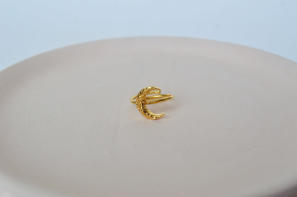 Gold Brass Crescent Moon Ring at Kamakhyaa by The Loom Art. This item is Brass, Cosmic Dream TLA, Fashion Jewellery, Free Size, Gold, Gold Plated, jewelry, Less than $50, Natural, Products less than $25, Rings, Textured