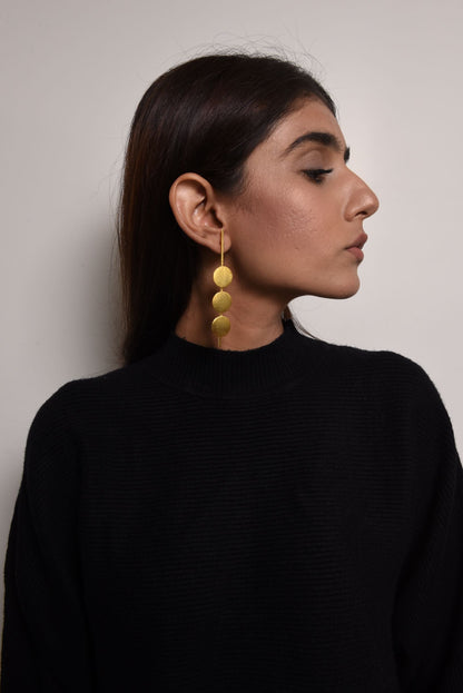 Gold Brass Earrings-One Two Three Golden Free Size, Gold, Plated, Plated Brass, Long Earrings, Statement Pieces Kamakhyaa