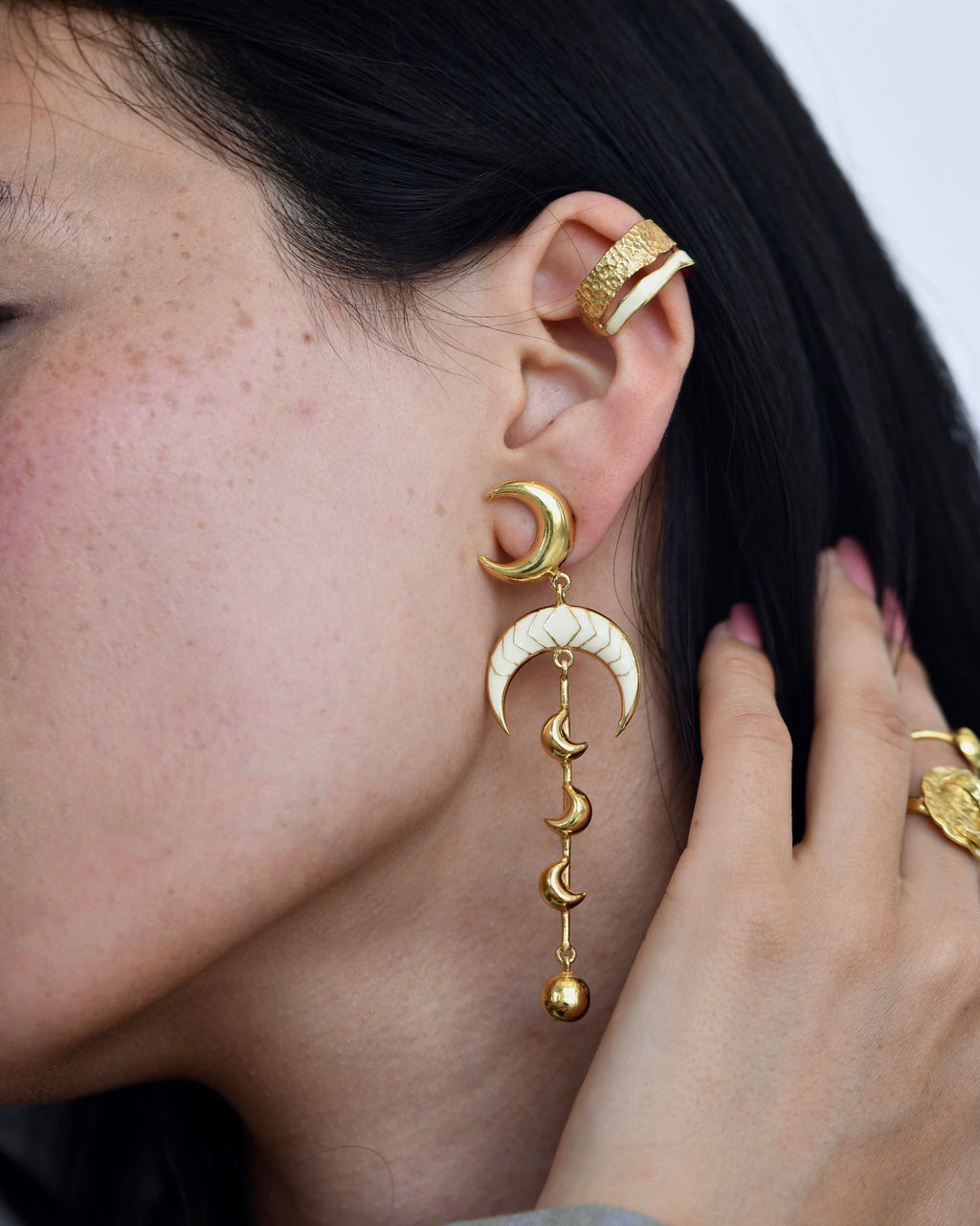 Gold Brass Luna Earrings at Kamakhyaa by The Loom Art. This item is Brass, Cosmic Dream TLA, Fashion Jewellery, Free Size, Gold, Gold Plated, jewelry, Long Earrings, Natural