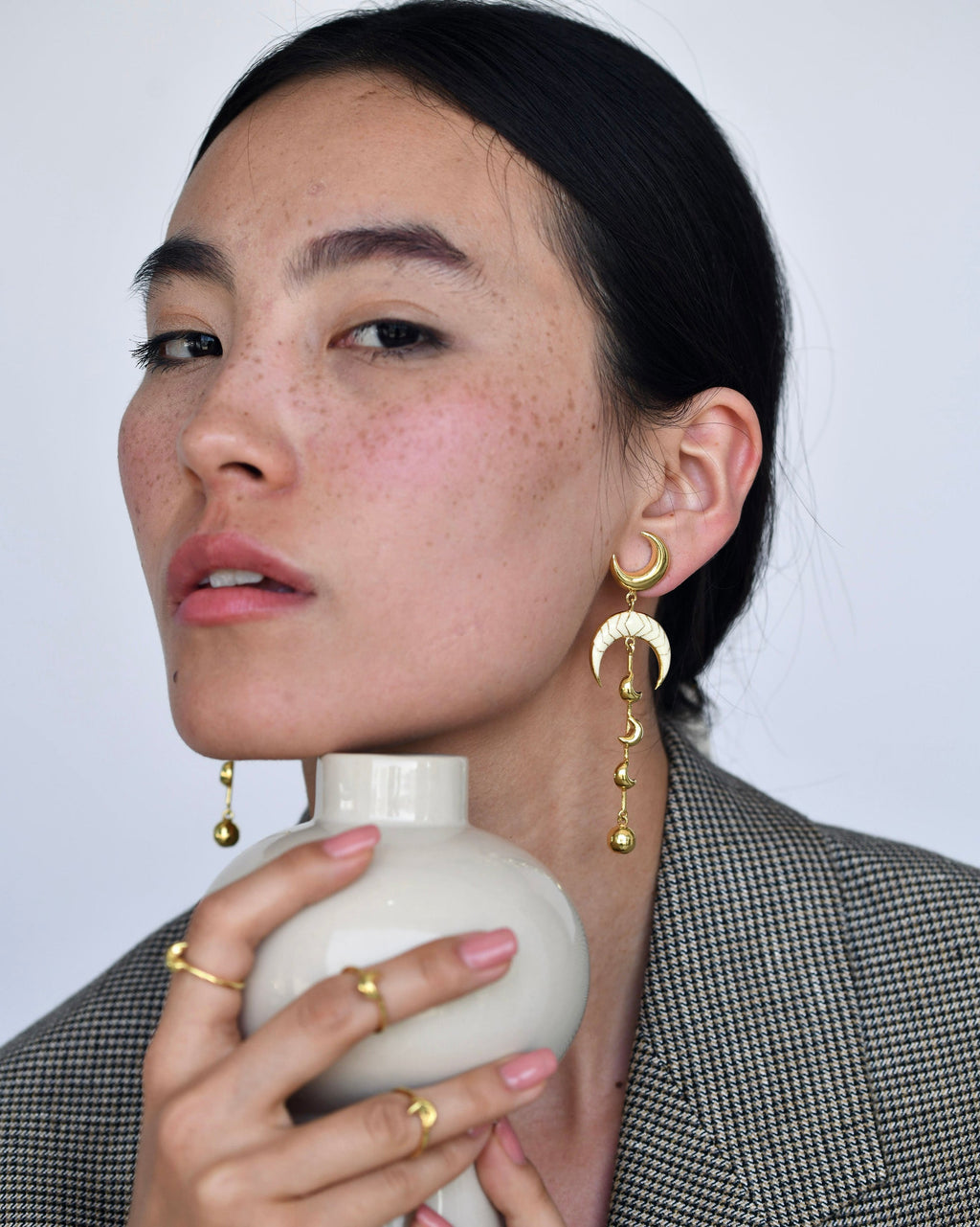 Gold Brass Luna Earrings at Kamakhyaa by The Loom Art. This item is Brass, Cosmic Dream TLA, Fashion Jewellery, Free Size, Gold, Gold Plated, jewelry, Long Earrings, Natural
