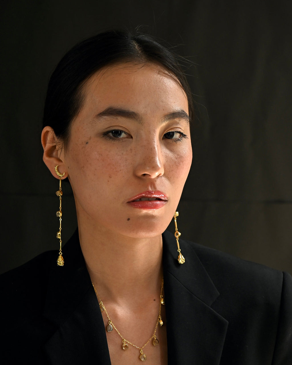 Gold Brass Moonlit Earrings at Kamakhyaa by The Loom Art. This item is Brass, Cosmic Dream TLA, Danglers, Fashion Jewellery, Free Size, Gold, Gold Plated, jewelry, Long Earrings, Natural