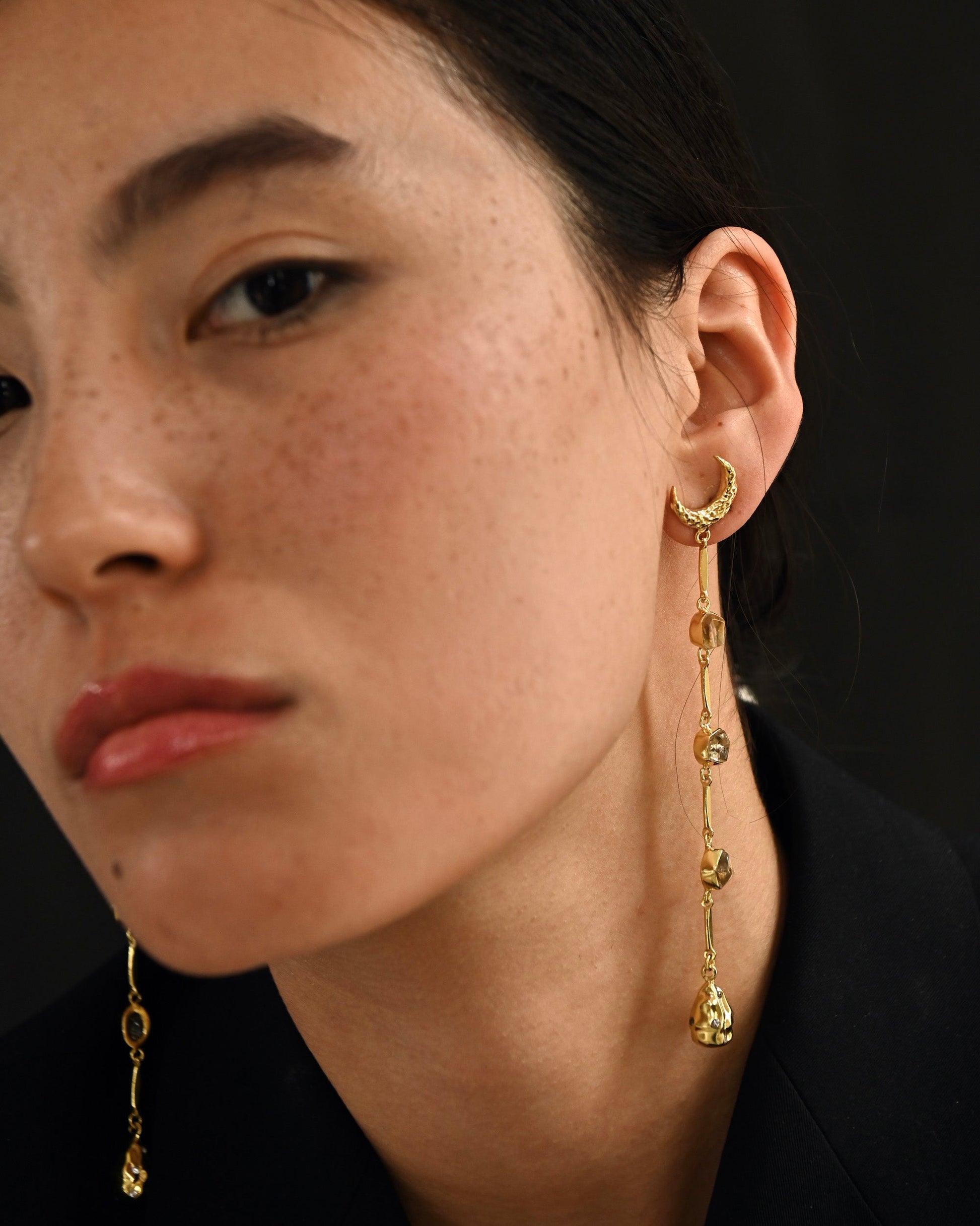 Gold Brass Moonlit Earrings at Kamakhyaa by The Loom Art. This item is Brass, Cosmic Dream TLA, Danglers, Fashion Jewellery, Free Size, Gold, Gold Plated, jewelry, Long Earrings, Natural