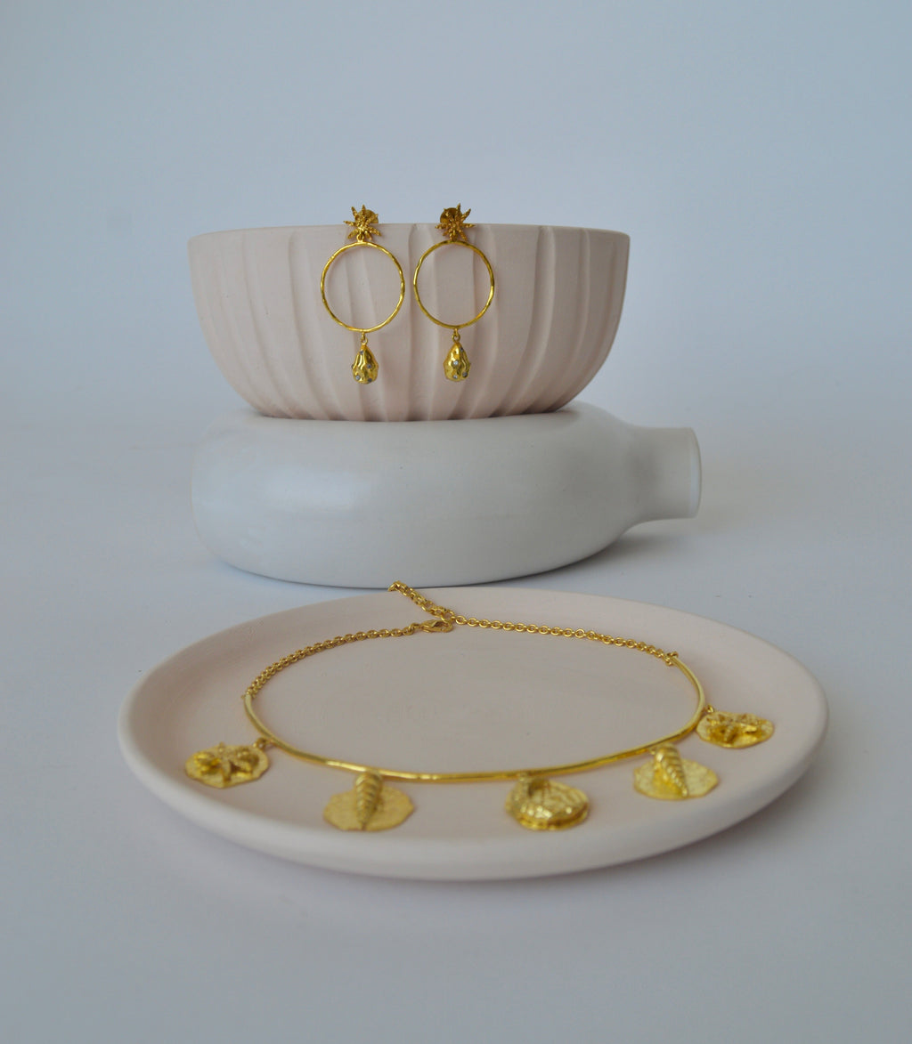 Gold Brass Pearl & Cinnamon Hoops at Kamakhyaa by The Loom Art. This item is Brass, Cosmic Dream TLA, Fashion Jewellery, Free Size, Gold, Gold Plated, Hoops, jewelry, Less than $50, Natural, Office Wear Jewellery
