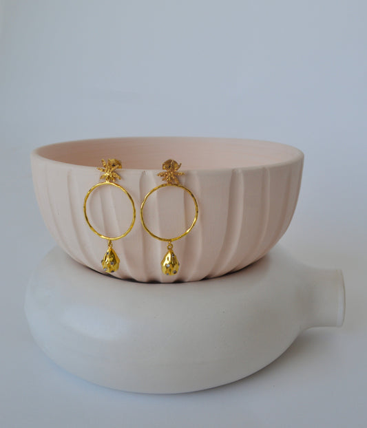 Gold Brass Pearl & Cinnamon Hoops at Kamakhyaa by The Loom Art. This item is Brass, Cosmic Dream TLA, Fashion Jewellery, Free Size, Gold, Gold Plated, Hoops, jewelry, Less than $50, Natural, Office Wear Jewellery