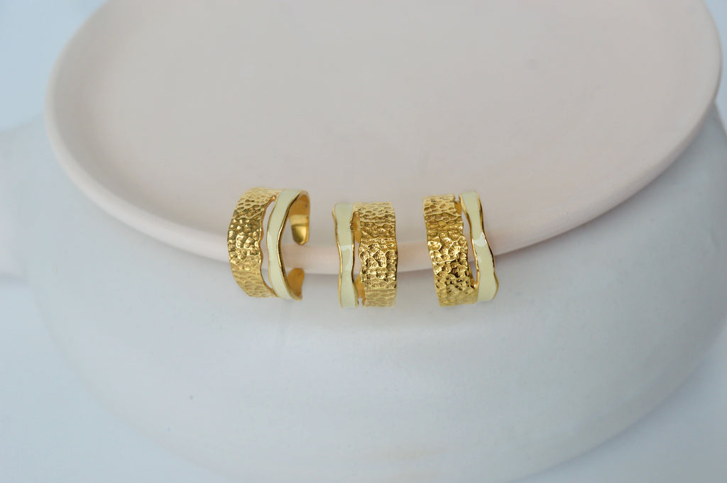 Gold Brass Pearl Enamel Stackable Rings at Kamakhyaa by The Loom Art. This item is Brass, Cosmic Dream TLA, Fashion Jewellery, For Daughter, Free Size, Gold, Gold Plated, jewelry, Less than $50, Natural, Rings, Solids, Textured