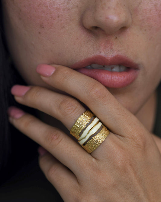 Gold Brass Pearl Enamel Stackable Rings at Kamakhyaa by The Loom Art. This item is Brass, Cosmic Dream TLA, Fashion Jewellery, For Daughter, Free Size, Gold, Gold Plated, jewelry, Less than $50, Natural, Rings, Solids, Textured