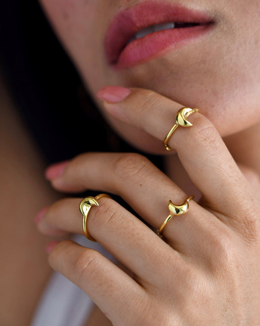 Gold Brass Stackable Moon Rings at Kamakhyaa by The Loom Art. This item is Brass, Cosmic Dream TLA, Fashion Jewellery, Free Size, Gold, Gold Plated, jewelry, Less than $50, Natural, Rings