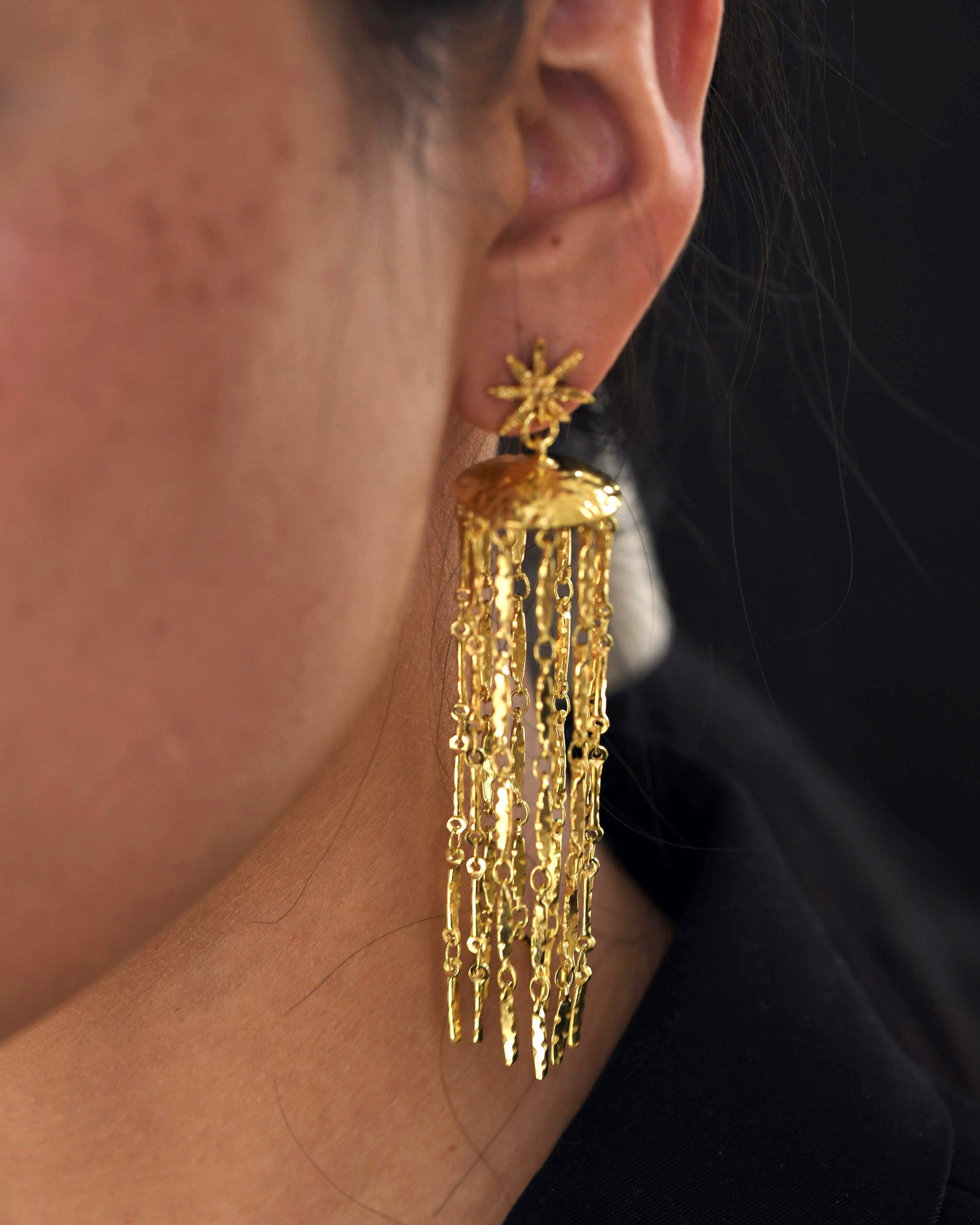 Gold Brass Starfall Earrings at Kamakhyaa by The Loom Art. This item is Brass, Cosmic Dream TLA, Fashion Jewellery, Free Size, Gold, Gold Plated, jewelry, Long Earrings, Natural
