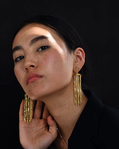 Gold Brass Starfall Earrings at Kamakhyaa by The Loom Art. This item is Brass, Cosmic Dream TLA, Fashion Jewellery, Free Size, Gold, Gold Plated, jewelry, Long Earrings, Natural