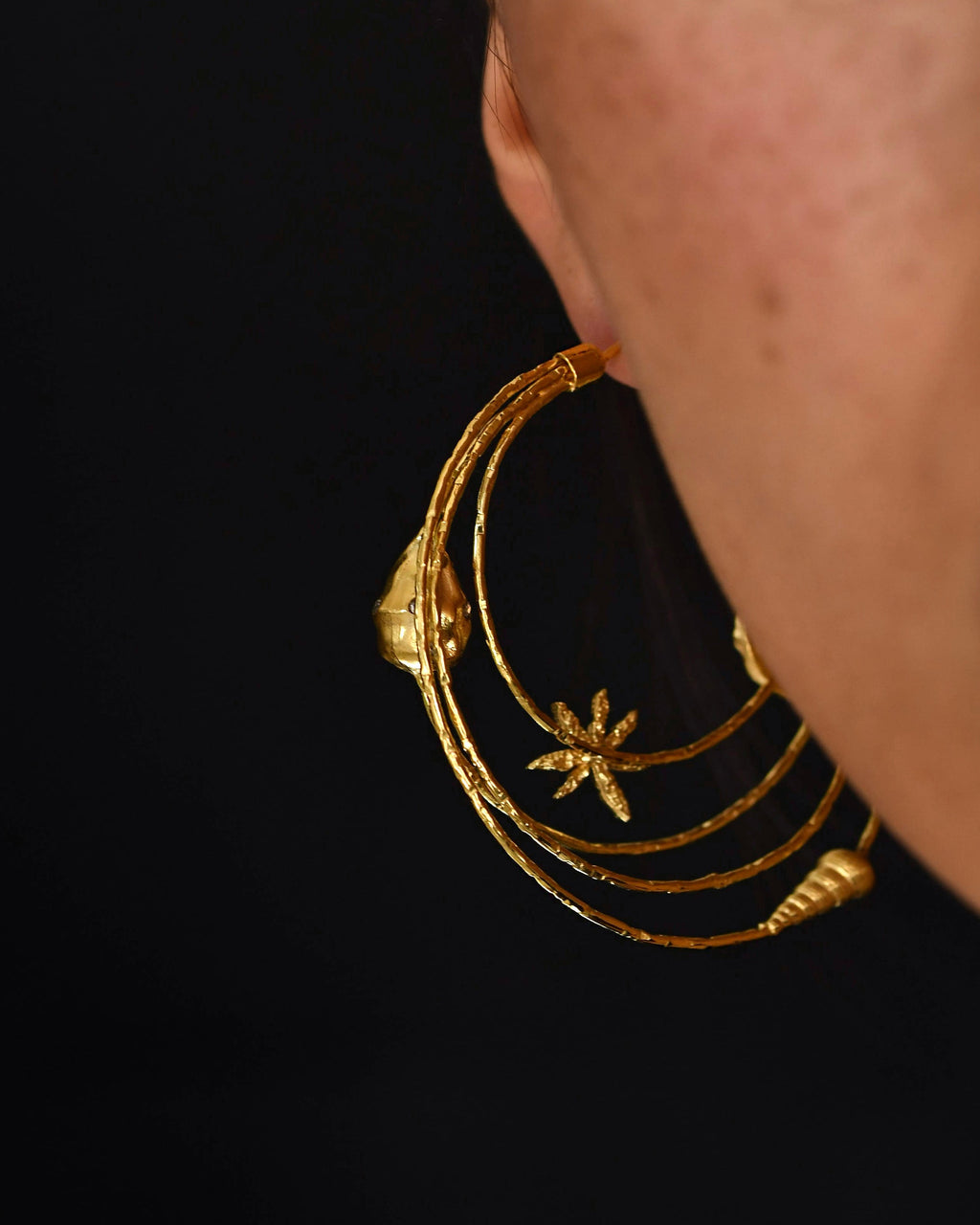 Gold Brass Starry Night Hoop at Kamakhyaa by The Loom Art. This item is Brass, Cosmic Dream TLA, Fashion Jewellery, Free Size, Gold, Gold Plated, Hoops, jewelry, Natural