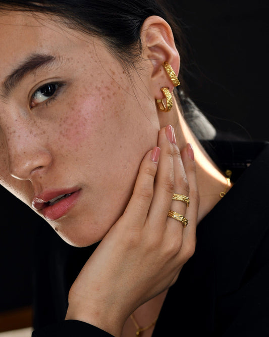 Gold Brass Textured Hexagon Hoops at Kamakhyaa by The Loom Art. This item is Brass, Cosmic Dream TLA, Fashion Jewellery, Free Size, Gold, Gold Plated, Hoops, jewelry, Less than $50, Natural, Office Wear Jewellery