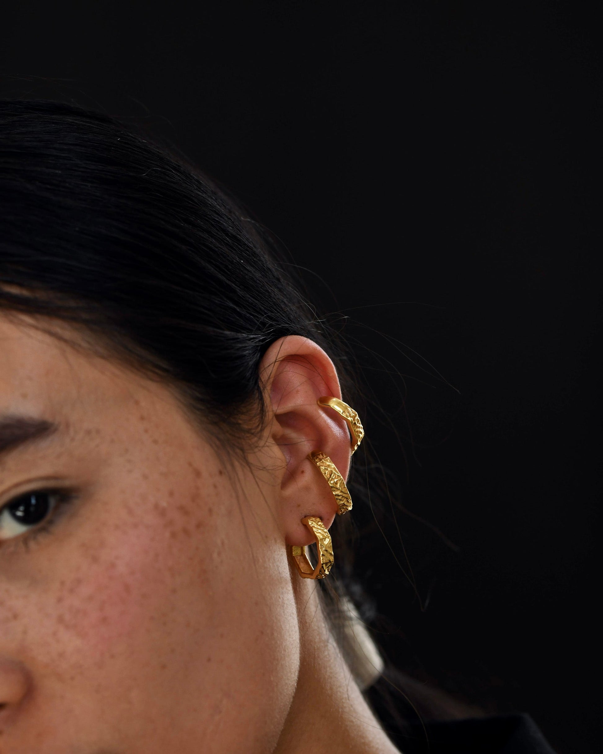 Gold Brass Textured Hexagon Hoops at Kamakhyaa by The Loom Art. This item is Brass, Cosmic Dream TLA, Fashion Jewellery, Free Size, Gold, Gold Plated, Hoops, jewelry, Less than $50, Natural, Office Wear Jewellery