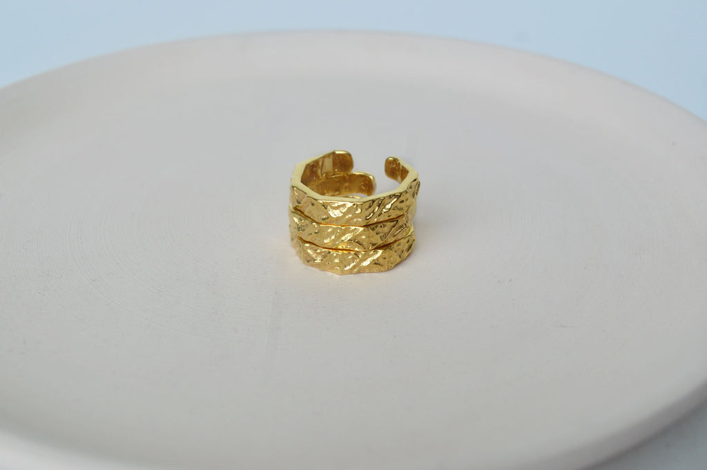 Gold Brass Textured Hexagonal Rings at Kamakhyaa by The Loom Art. This item is Brass, Cosmic Dream TLA, Fashion Jewellery, Free Size, Gold, Gold Plated, jewelry, Less than $50, Natural, Rings