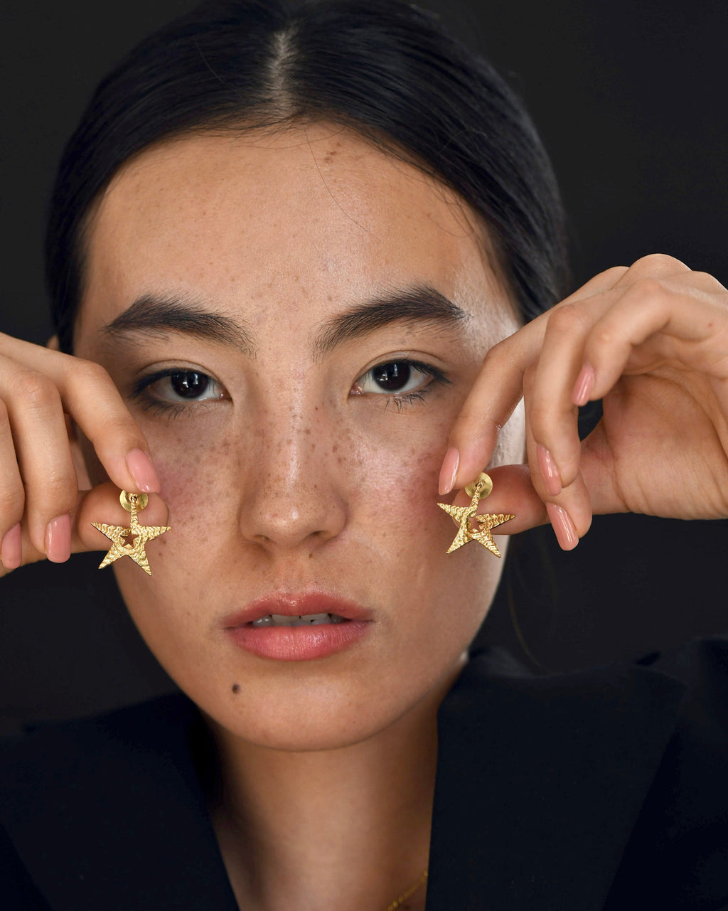 Gold Brass Tinted Star Studs at Kamakhyaa by The Loom Art. This item is Brass, Cosmic Dream TLA, Fashion Jewellery, Free Size, Gold, Gold Plated, jewelry, Less than $50, Natural, Office Wear Jewellery, Stud Earrings
