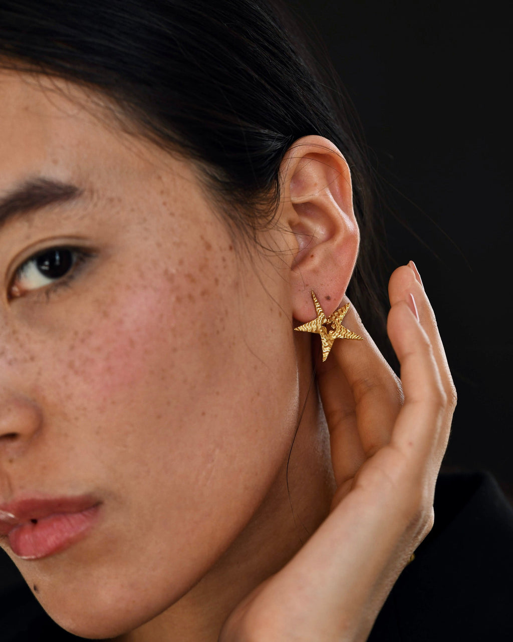 Gold Brass Tinted Star Studs at Kamakhyaa by The Loom Art. This item is Brass, Cosmic Dream TLA, Fashion Jewellery, Free Size, Gold, Gold Plated, jewelry, Less than $50, Natural, Office Wear Jewellery, Stud Earrings