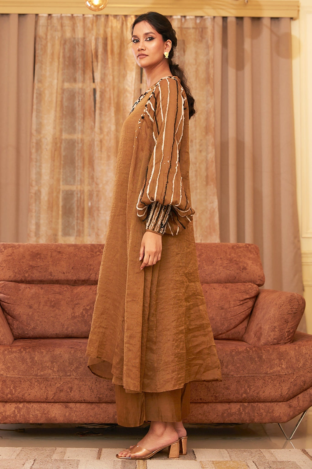 Gold Chanderi Silk Hand Embroidered Dress Set at Kamakhyaa by Chambray & Co.. This item is Chambray & Co, Chanderi Silk, Dress Sets, Dresses, Embroidered, Gold, Natural, Party Wear, Regular Fit, Taabir, Womenswear