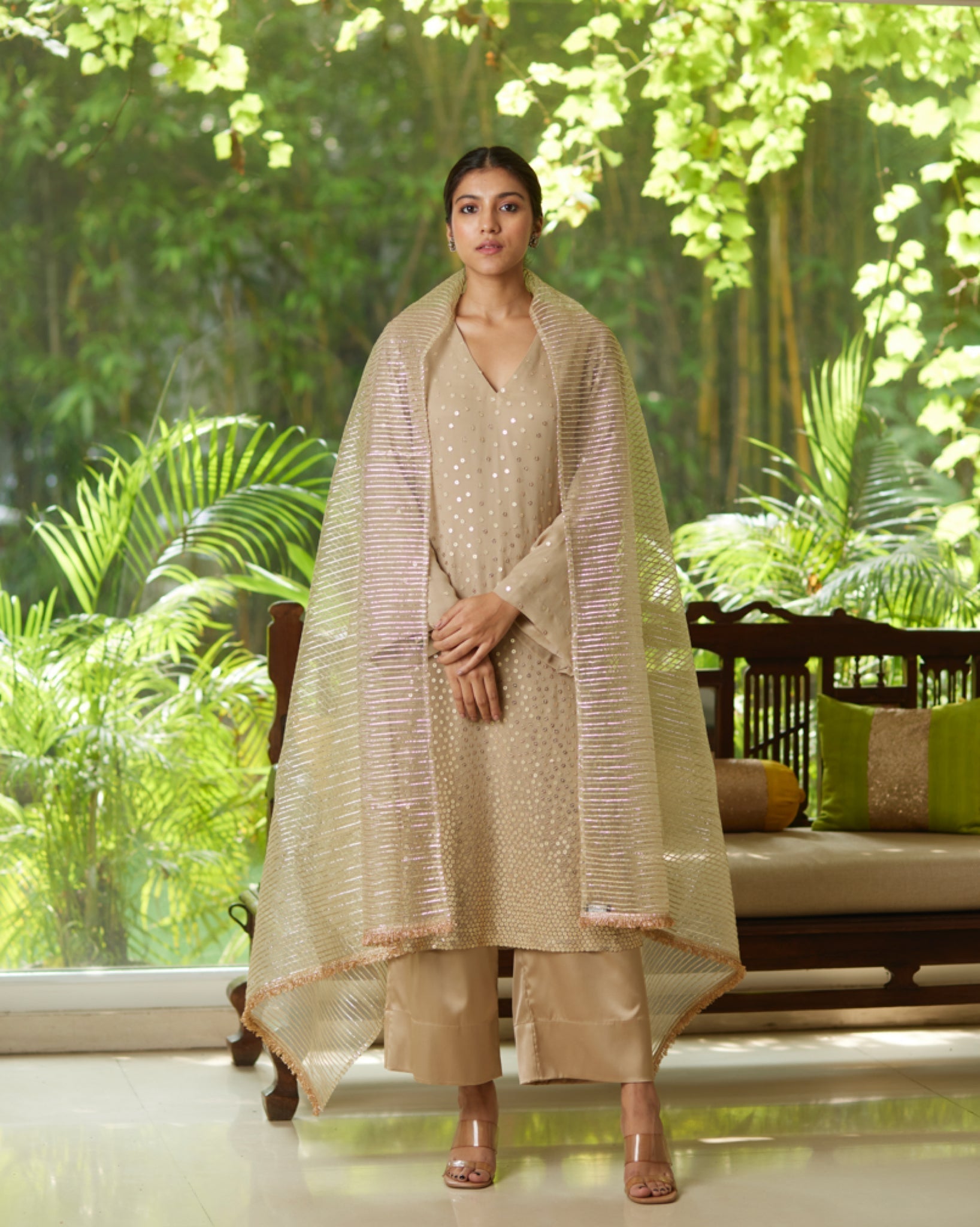 Gold Silver Satin Silk Kurta Pant Set at Kamakhyaa by Mayura Kumar. This item is Casual Wear, Festive Wear, Gold, Kurta Pant Sets, Mayura Kumar, Regular Fit, Satin, Silk, Silver, Solids, Timeless Elegance, Womenswear