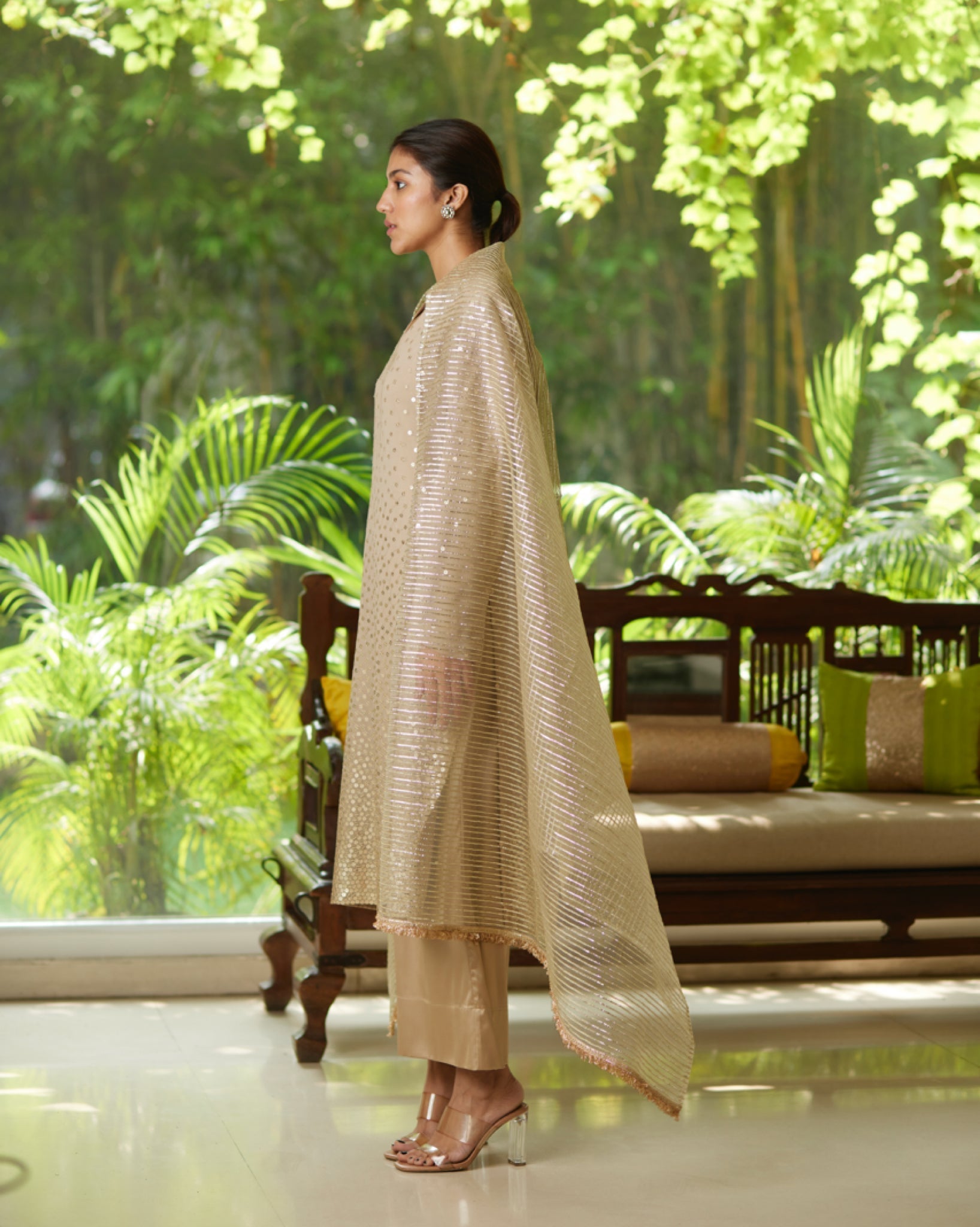 Gold Silver Satin Silk Kurta Pant Set at Kamakhyaa by Mayura Kumar. This item is Casual Wear, Festive Wear, Gold, Kurta Pant Sets, Mayura Kumar, Regular Fit, Satin, Silk, Silver, Solids, Timeless Elegance, Womenswear