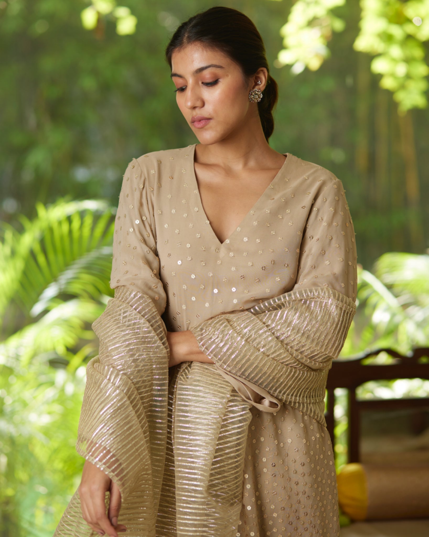 Gold Silver Satin Silk Kurta Pant Set at Kamakhyaa by Mayura Kumar. This item is Casual Wear, Festive Wear, Gold, Kurta Pant Sets, Mayura Kumar, Regular Fit, Satin, Silk, Silver, Solids, Timeless Elegance, Womenswear