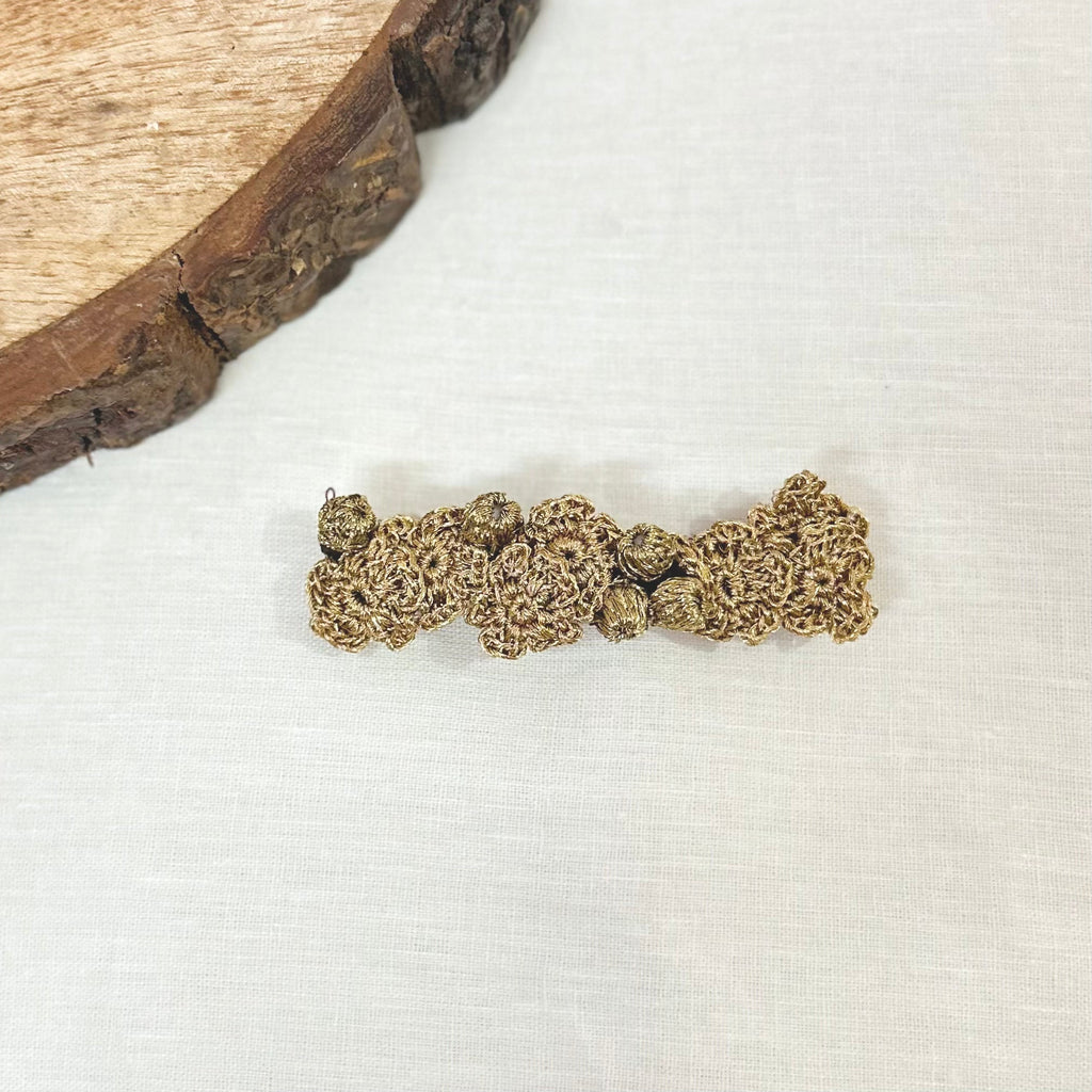 Golden Crochet Hair Clip at Kamakhyaa by Ikriit'm. This item is Accessories, Cotton yarn, Crochet, Free Size, Golden, Hair Accessories, Ikriit'm, Natural