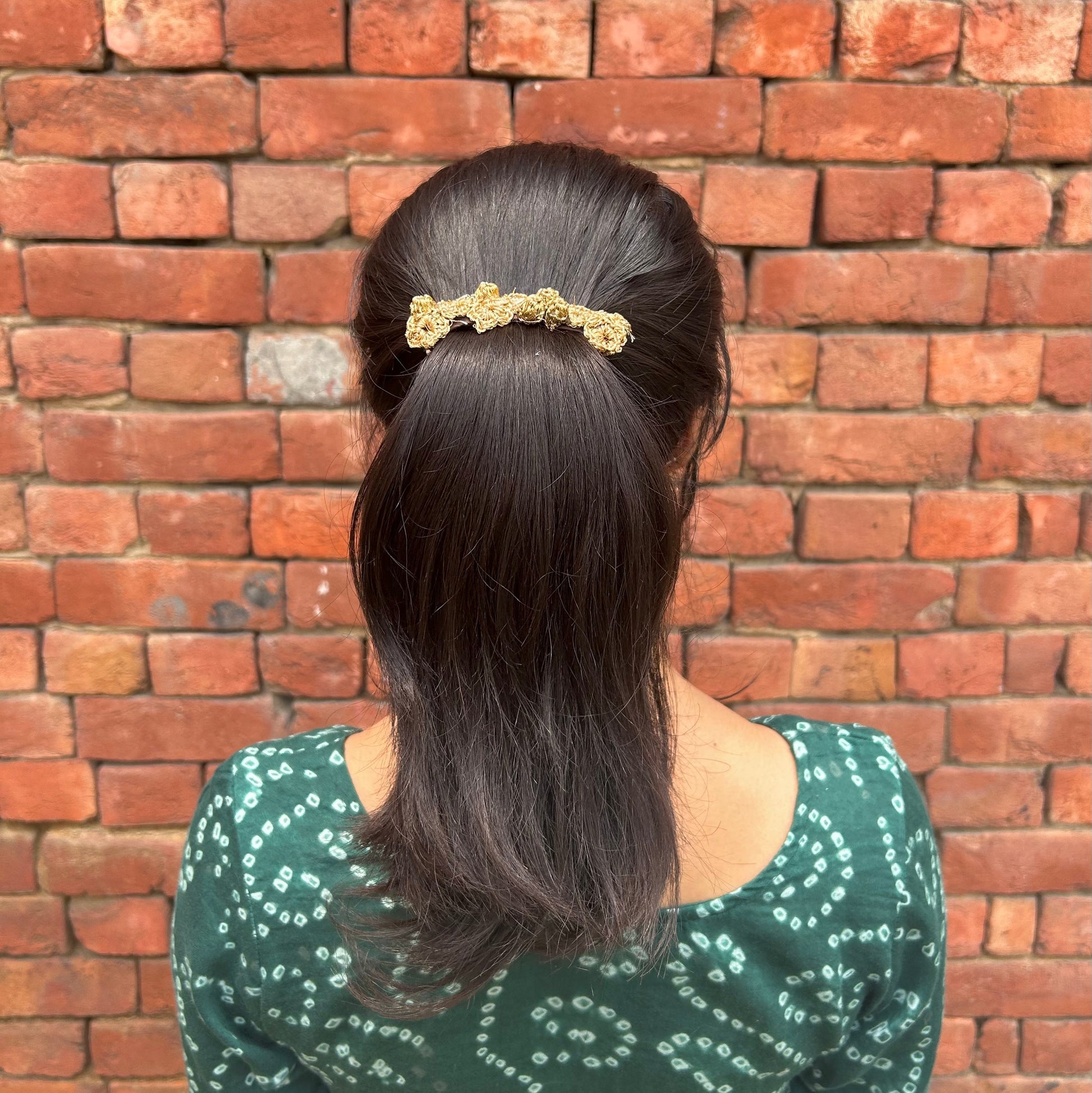 Golden Crochet Hair Clip at Kamakhyaa by Ikriit'm. This item is Accessories, Cotton yarn, Crochet, Free Size, Golden, Hair Accessories, Ikriit'm, Natural