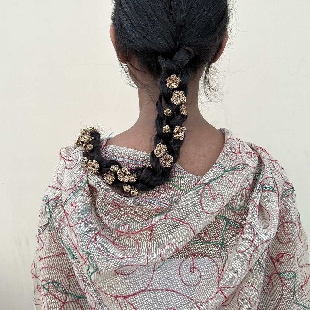 Golden Crochet Hair Parandi at Kamakhyaa by Ikriit'm. This item is Accessories, Cotton yarn, Crochet, Free Size, Golden, Hair Accessories, Ikriit'm, Natural