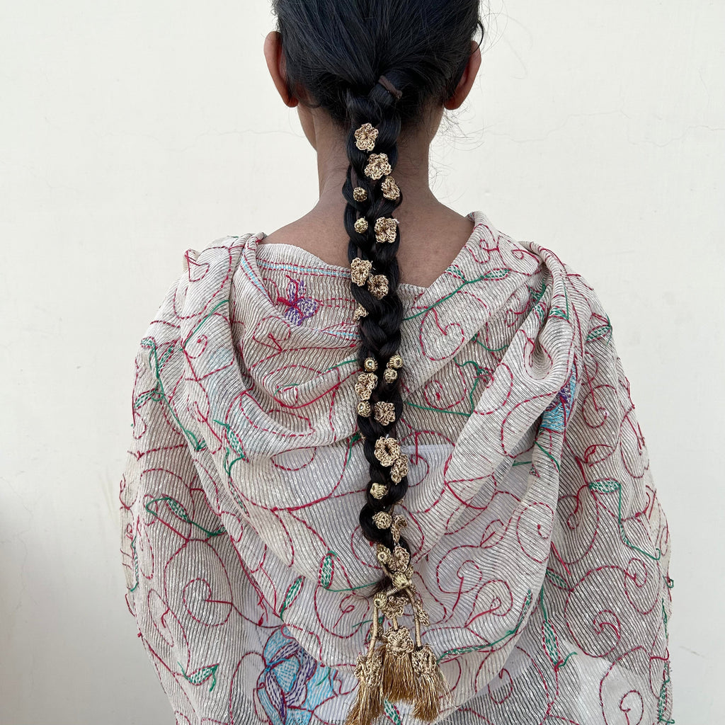 Golden Crochet Hair Parandi at Kamakhyaa by Ikriit'm. This item is Accessories, Cotton yarn, Crochet, Free Size, Golden, Hair Accessories, Ikriit'm, Natural