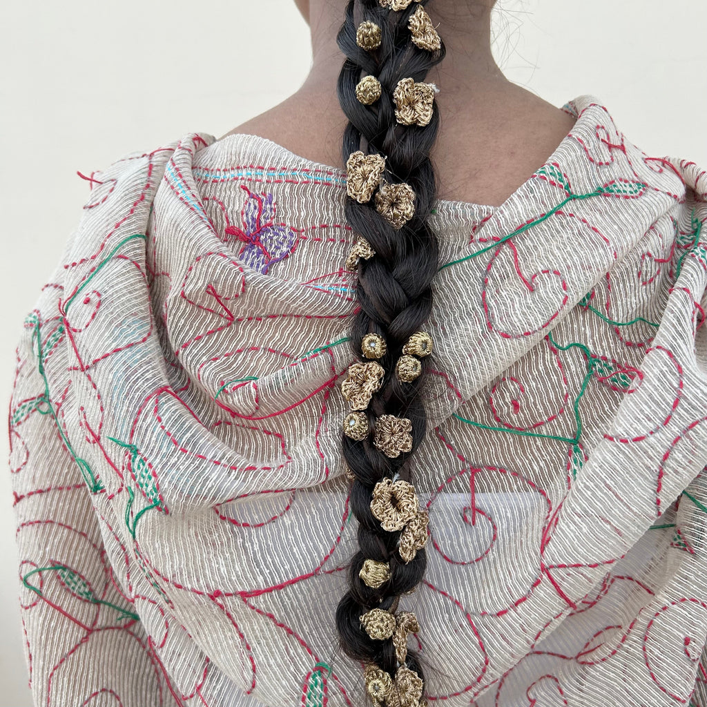 Golden Crochet Hair Parandi at Kamakhyaa by Ikriit'm. This item is Accessories, Cotton yarn, Crochet, Free Size, Golden, Hair Accessories, Ikriit'm, Natural