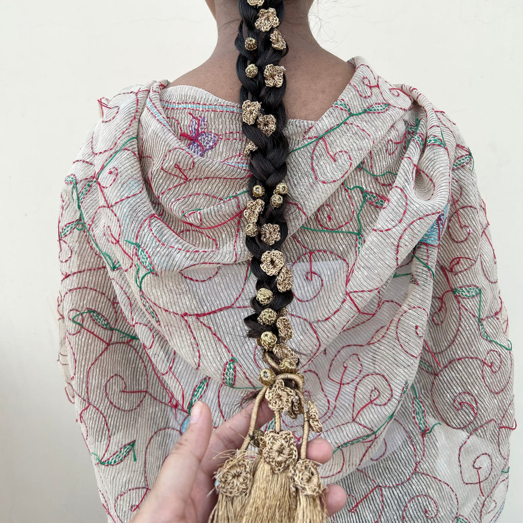 Golden Crochet Hair Parandi at Kamakhyaa by Ikriit'm. This item is Accessories, Cotton yarn, Crochet, Free Size, Golden, Hair Accessories, Ikriit'm, Natural