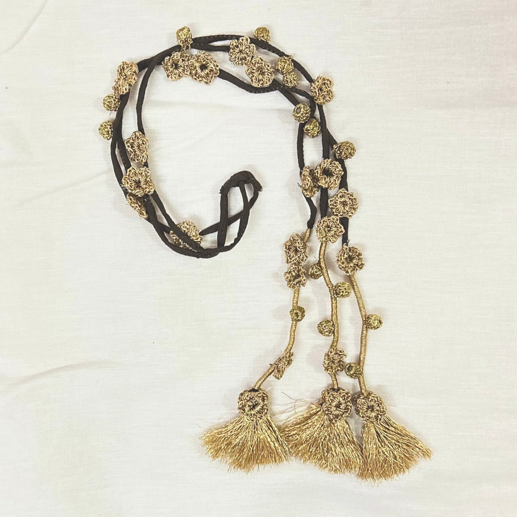 Golden Crochet Hair Parandi at Kamakhyaa by Ikriit'm. This item is Accessories, Cotton yarn, Crochet, Free Size, Golden, Hair Accessories, Ikriit'm, Natural